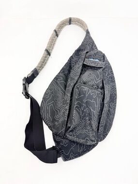 KAVU Black Tan Abstract Scribble Graphic  Rope Strap Nylon Sling Bag